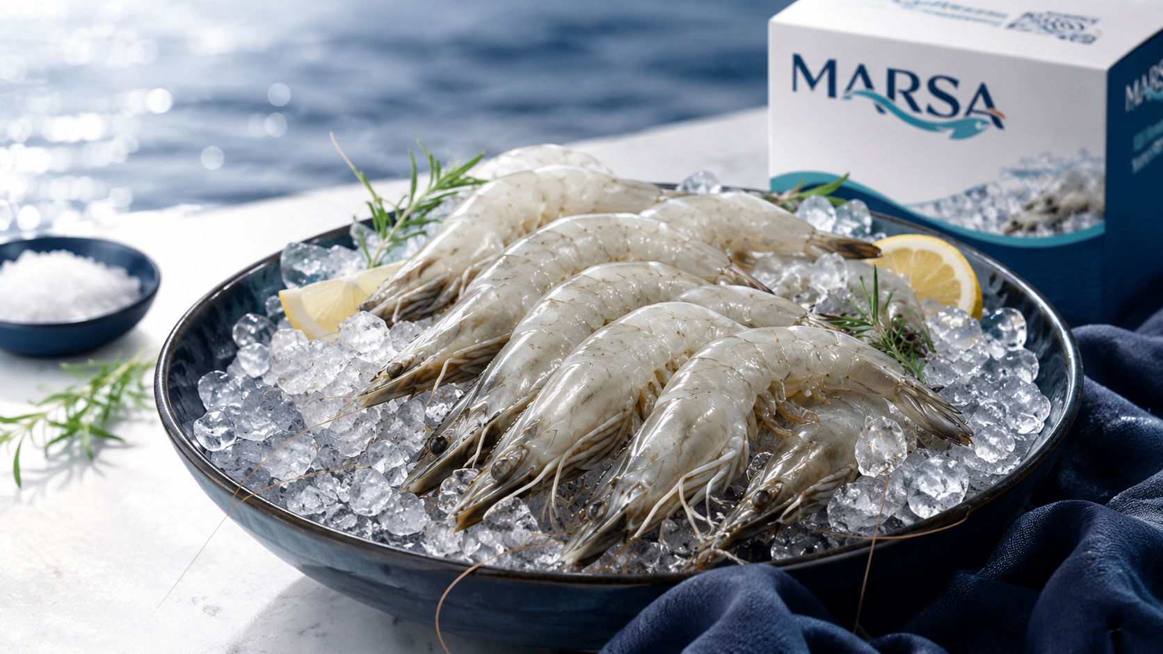 MARSA fresh Vannamei shrimp served on ice with lemon and rosemary