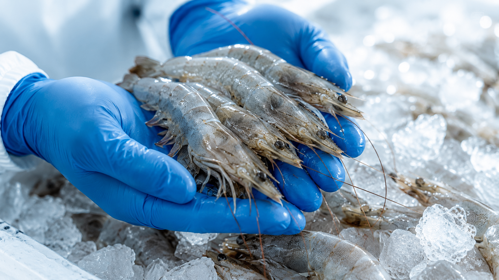 MARSA QC technician inspecting fresh Vannamei shrimp on ice with food-grade gloves